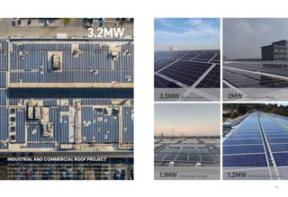 3.2MW
Belgium
34
3.5MW Bozhou, Anhui 2MW Zhengzhou, Henan
1.1MW Nantong, Jiangsu 1.2MW Melbourne, Australia
INDUSTRIAL AND COMMERCIAL ROOF PROJECT
Whether it is for self use or selling electricity to grid companies, commercial solar project
provides a new way of investment for plant owners, and one of the key to profitability is the
core components of the system. Whether the selection of solar modules is correct or not,
Sunrise is your reliable partner in the past, now and future, and will not regret it.
 