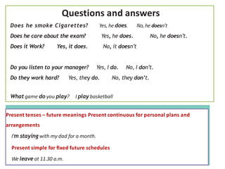 Present tenses – future meanings Present continuous for personal plans and
arrangements
I’m staying with my dad for a month.
Present simple for ﬁxed future schedules
We leave at 11.30 a.m.
Questions and answers
Does he smoke Cigarettes? Yes, he does. No, he doesn’t
Does he care about the exam? Yes, he does. No, he doesn’t.
Does it Work? Yes, it does. No, it doesn’t
Do you listen to your manager? Yes, I do. No, I don’t.
Do they work hard? Yes, they do. No, they don’t.
What game do you play? I play basketball
 