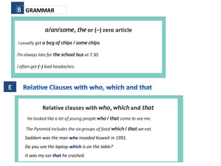 B GRAMMAR
a/an/some, the or (–) zero article
I usually get a bag of chips / some chips.
I’m always late for the school bus at 7.30.
I often get (–) bad headaches.
E
Relative clauses with who, which and that
He looked like a lot of young people who / that come to see me.
The Pyramid includes the six groups of food which / thatwe eat.
Saddam was the man who invaded Kuwait in 1991.
Do you see the laptop which is on the table?
It was my car that he crashed.
 