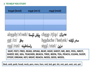 bread [bred] meat [miːt] meal [miəl]
SEAT, FEET, FREE, READ, SPEAK, BEAT, HEAT, SHEET, ME, BEE, FEEL, MEET,
SHEEP, SEE, SEA, TEACHER, BEACH, TREE, BEEN, TEA, PEACH, CLEAN, SLEEP,
STEEP, DREAM, KEY, MEAT, REACH, NEED, SEED, WEED,
Bed, said, paid, head, neck, pen, men, hen, red, led, get, let, net, pet, wet, set, yet
 