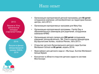 Наш опыт
• Организация корпоративной детской программы для 60 детей
сотрудников компании Johnson&Johnson на территории бизнес-
центра, лето 2012 г.
• Организация корпоративных программ для Mary Kay
• Организация корпоративной программы Family Day и
образовательных семинаров для родителей, сотрудников
компании KPMG
• Организация летнего лагеря для 200 детей сотрудников
компаний Johnson&Johnson, 3M, Cisco и других арендаторов
БЦ Крылатские Холмы, посёлок Речник, лето 2013 г.
• Открытие частного билингвального детского сада Sunrise
Montessori School на 60 детей, апрель 2014г.
• Франчайзинг для детского сада в г. Мытищи, Sunrise Montessori
School Mytishi
• Консалтинг в области открытия детских садов по системе
Монтессори
2014:
Вышли в финал
международной
премии GSEA-
2014
2013:
Вошли в 10-ку
финалистов
конкурса
стартапов Forbes
 