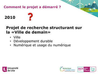Projet de recherche structurant sur
la «Ville de demain»
2010
Comment le projet a démarré ?
•  Ville
•  Développement durable
•  Numérique et usage du numérique
 