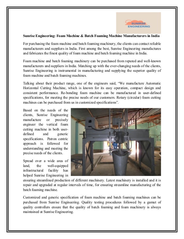 Sunrise engineering foam machine & batch foaming machine manufacturers