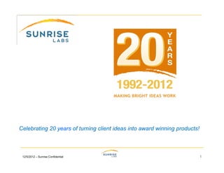 Celebrating 20 years of turning client ideas into award winning products!



 12/5/2012 – Sunrise Confidential                                           1
 