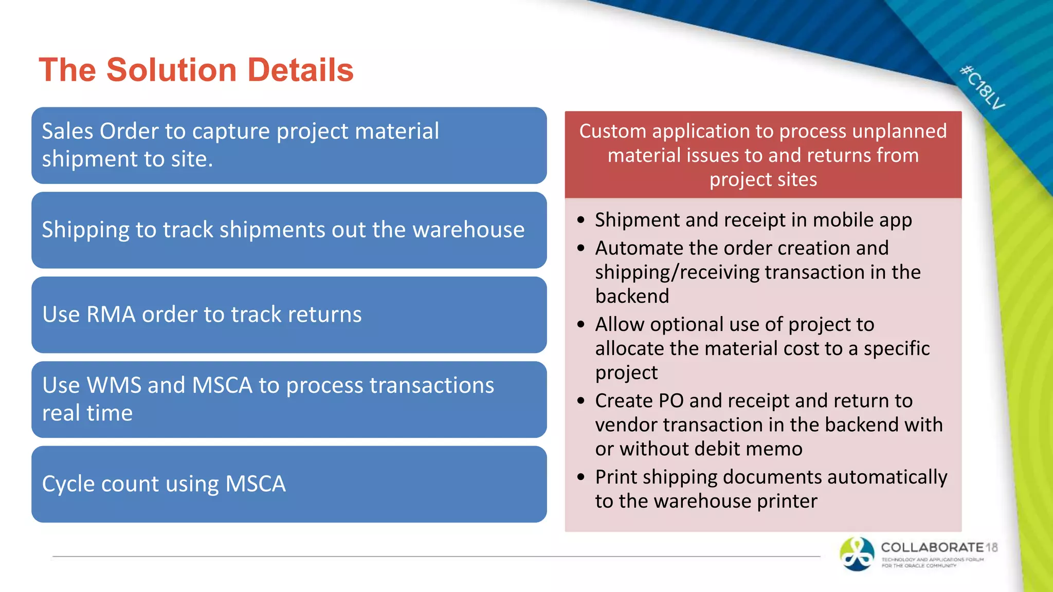 The Solution Details
Sales Order to capture project material
shipment to site.
Shipping to track shipments out the warehouse
Use RMA order to track returns
Use WMS and MSCA to process transactions
real time
Cycle count using MSCA
Custom application to process unplanned
material issues to and returns from
project sites
• Shipment and receipt in mobile app
• Automate the order creation and
shipping/receiving transaction in the
backend
• Allow optional use of project to
allocate the material cost to a specific
project
• Create PO and receipt and return to
vendor transaction in the backend with
or without debit memo
• Print shipping documents automatically
to the warehouse printer
 