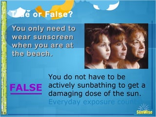 SunWiseSunWise
JA
6-8
True or False?
You only need toYou only need to
wear sunscreenwear sunscreen
when you are atwhen you are at
the beach.the beach.
28
Introduction
You do not have to be
actively sunbathing to get a
damaging dose of the sun.
Everyday exposure counts!
FALSE
 