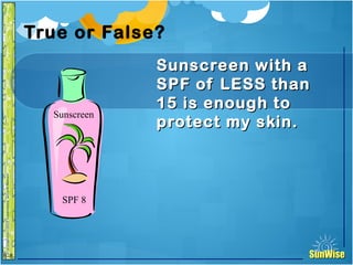 SunWiseSunWise
JA
6-8
True or False?
Sunscreen with aSunscreen with a
SPF of LESS thanSPF of LESS than
15 is enough to15 is enough to
protect my skin.protect my skin.
29
Introduction
SPF 8
Sunscreen
 