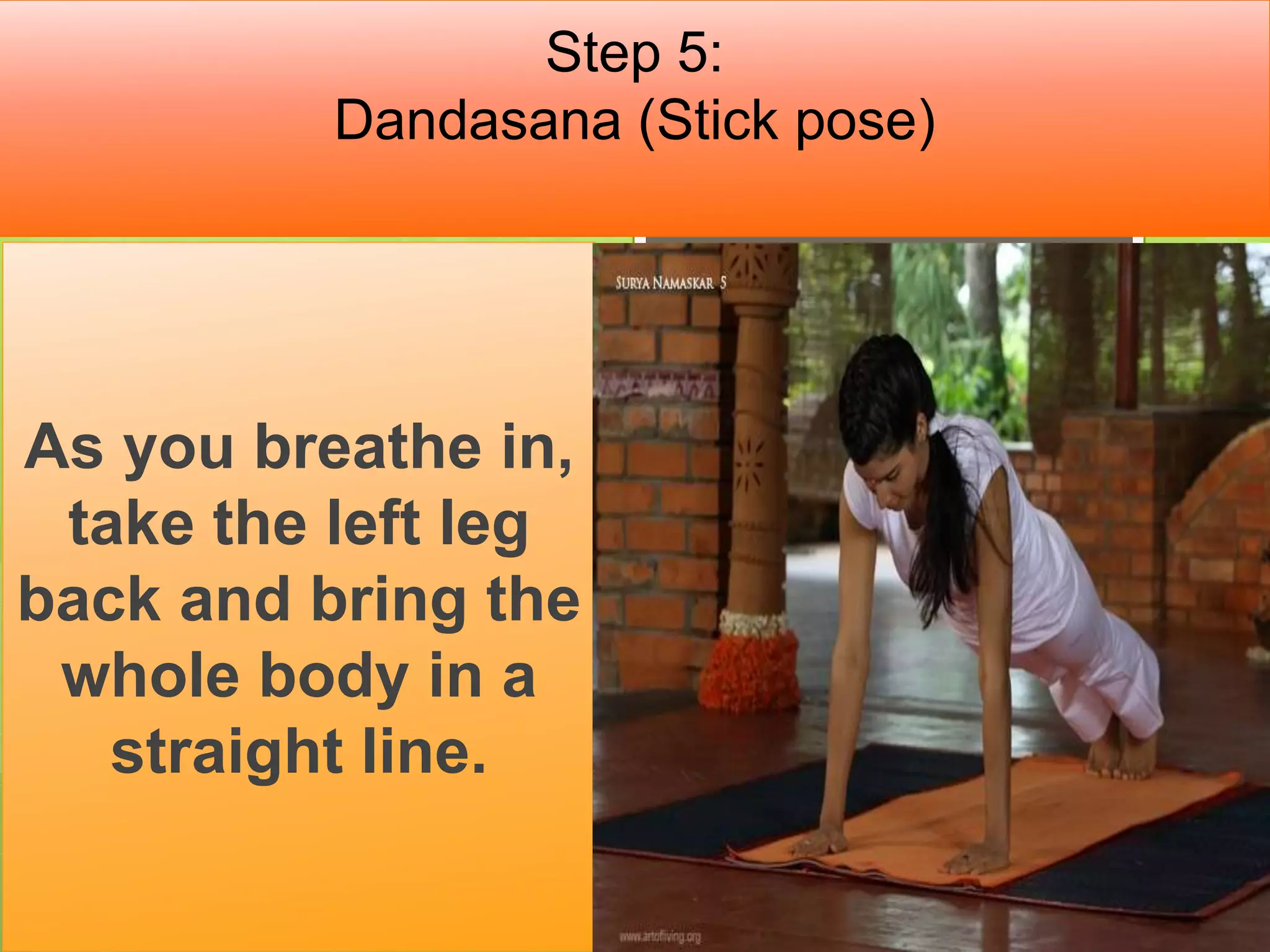 Step 5:
Dandasana (Stick pose)
As you breathe in,
take the left leg
back and bring the
whole body in a
straight line.
 