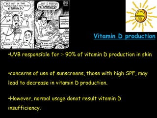 Vitamin D production
•UVB responsible for ˃ 90% of vitamin D production in skin
•concerns of use of sunscreens, those with high SPF, may
lead to decrease in vitamin D production.
•However, normal usage donot result vitamin D
insufficiency.
 