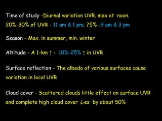 Time of study -Diurnal variation UVR. max at noon.
20%-30% of UVR - 11 am & 1 pm; 75% -9 am & 3 pm
Season – Max. in summer, min. winter
Altitude - A 1-km ↑ - 10%-25% ↑ in UVR
Surface reflection - The albedo of various surfaces cause
variation in local UVR
Cloud cover - Scattered clouds little effect on surface UVR
and complete high cloud cover ↓es by about 50%
 