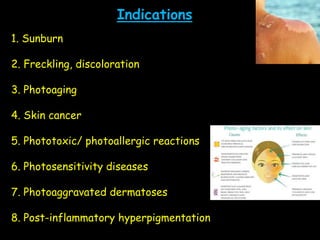 Indications
1. Sunburn
2. Freckling, discoloration
3. Photoaging
4. Skin cancer
5. Phototoxic/ photoallergic reactions
6. Photosensitivity diseases
7. Photoaggravated dermatoses
8. Post-inflammatory hyperpigmentation
 