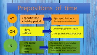 Prepositions of time
AT
ON
IN
+ specific time
+ holiday period
+ days
+ dates
+ time period
+ months
+ seasons
+ years
. I will visit you on Friday
. The exam is on March 27th
. The class starts in ten minutes
. My birthday is in January
. We go to the beach in Summer
. Shakespeare was born in 1564
. I get up at 7 o´clock
. They sing carols at Christmas
 