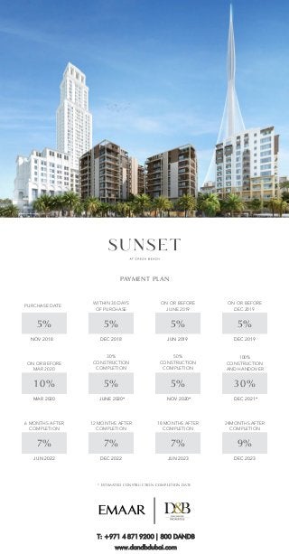 PAYMENT PLAN
PURCHASE DATE
5%
NOV 2018
WITHIN 30 DAYS
OF PURCHASE
5%
DEC 2018
30%
CONSTRUCTION
COMPLETION
5%
JUNE 2020*
ON OR BEFORE
MAR 2020
10%
MAR 2020
ON OR BEFORE
JUNE 2019
5%
JUN 2019
50%
CONSTRUCTION
COMPLETION
5%
NOV 2020*
ON OR BEFORE
DEC 2019
5%
DEC 2019
100%
CONSTRUCTION
AND HANDOVER
30%
DEC 2021*
12 MONTHS AFTER
COMPLETION
7%
DEC 2022
6 MONTHS AFTER
COMPLETION
7%
JUN 2022
18 MONTHS AFTER
COMPLETION
7%
JUN 2023
24MONTHS AFTER
COMPLETION
9%
DEC 2023
* ESTIMATED CONSTRUCTION COMPLETION DATE
T: +971 4 8719200 | 800 DANDB
www.dandbdubai.com
 