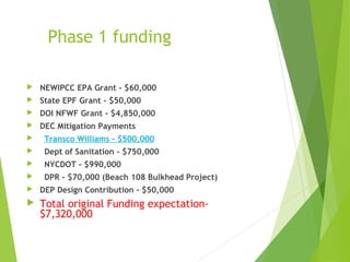 Phase 1 funding
 NEWIPCC EPA Grant - $60,000
 State EPF Grant - $50,000
 DOI NFWF Grant - $4,850,000
 DEC Mitigation Payments
 Transco Williams - $500,000
 Dept of Sanitation - $750,000
 NYCDOT - $990,000
 DPR - $70,000 (Beach 108 Bulkhead Project)
 DEP Design Contribution - $50,000
 Total original Funding expectation-
$7,320,000
 