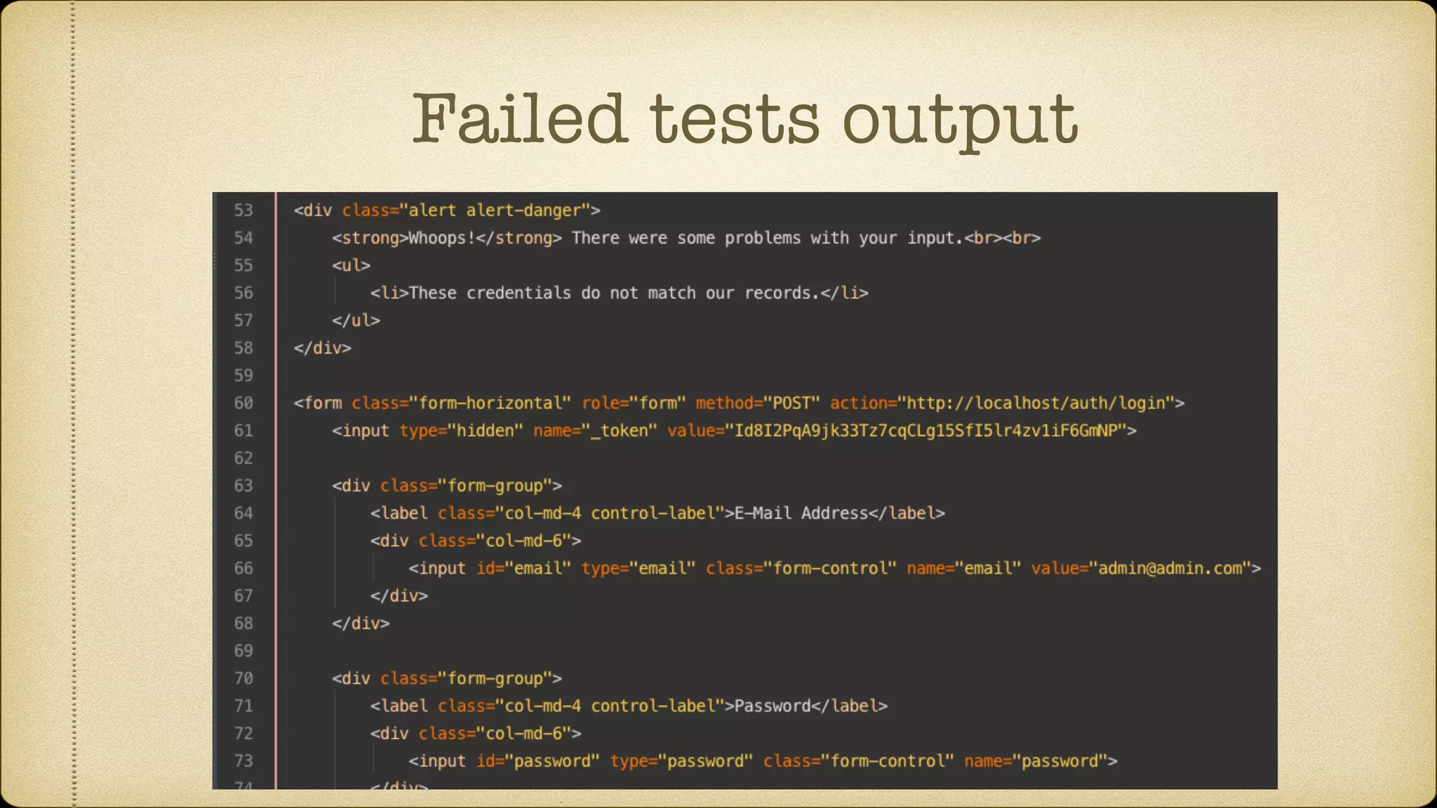 Failed tests output 