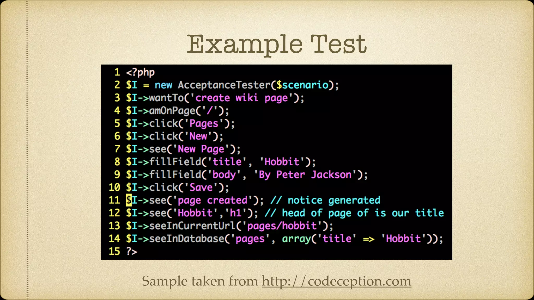 Example Test Sample taken from http://codeception.com 
