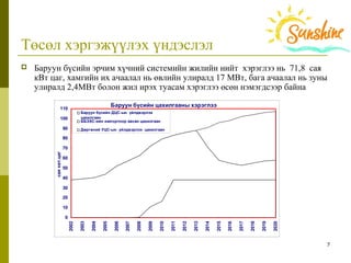 7
Төсөл хэргэжүүлэх үндэслэл
 Баруун бүсийн эрчим хүчний системийн жилийн нийт хэрэглээ нь 71,8 сая
кВт цаг, хамгийн их ачаалал нь өвлийн улиралд 17 МВт, бага ачаалал нь зуны
улиралд 2,4МВт болон жил ирэх туасам хэрэглээ өсөн нэмэгдсээр байна
Баруун бүсийн цахилгааны хэрэглээ
0
10
20
30
40
50
60
70
80
90
100
110
2002
2003
2004
2005
2006
2007
2008
2009
2010
2011
2012
2013
2014
2015
2016
2017
2018
2019
2020
саяквт.цаг
Баруун бүсийн ДЦС-ын үйлдвэрлэх
цахилгаан
ББЭХС-ийн импортоор авсан цахилгаан
Дөргөний УЦС-ын үйлдвэрлэх цахилгаан
 