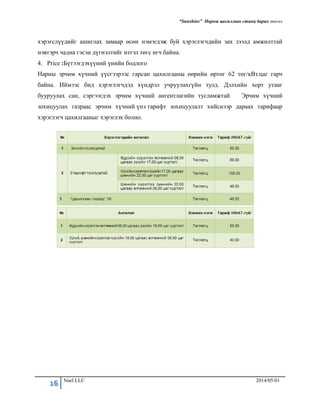 “Sunshine” Нарны цахилгаан станц барих төсөл
16 Nael LLC 2014/05/01
хэрэгслүүдийг ашиглах замаар өсөн нэмэгдэж буй хэрэглэгчдийн зах зээлд амжилттай
нэвтэрч чадна гэсэн дүгнэлтийг итгэл төгс өгч байна.
4. Price :Бүтээгдэхүүний үнийн бодлого
Нарны эрчим хүчний үүсгээрээс гарсан цахилгааны өөрийн өртөг 62 төг/кВт.цаг гарч
байна. Иймээс бид хэрэглэгчдэд хүндрэл учруулахгүйн тулд. Дэлхийн хорт утааг
бууруулах сан, сэргээгдэх эрчим хүчний ангентлагийн тусламжтай Эрчим хүчний
зохицуулах газраас эрчим хүчний үнэ тарифт зохицуулалт хийснээр дараах тарифаар
хэрэглэгч цахилгааныг хэрэглэх болно.
 