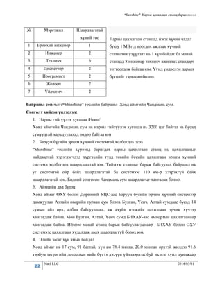 “Sunshine” Нарны цахилгаан станц барих төсөл
22 Nael LLC 2014/05/01
Нарны цахилгаан станцад нэгж хүчин чадал
буюу 1 МВт-д ноогдох ажллах хүчний
статистик үзүүлэлт нь 1 хүн байдаг ба манай
станцад 8 инженер техникч ажиллах стандарт
тогтоогдож байгаа юм. Үүнд үндэслэн дараах
бүтцийг гаргасан болно.
Байршил сонголт:“Shinshine” төслийн байршил Ховд аймгийн Чандмань сум.
Сонголт хийсэн үндэслэл:
1. Нарны гийгүүлэх хугацаа /Нөөц/
Ховд аймгийн Чандмань сум нь нарны гийгүүлэх хугацаа нь 3200 цаг байгаа нь бусад
сумуудтай харьцуулахад өндөр байгаа юм
2. Баруун бүсийн эрчим хүчний системтэй холбогдох эсэх
“Shinshine” төслийн хүрээнд баригдах нарны цахилгаан станц нь цахилгааныг
найдвартай хэрэглэгчдэд хүргэхийн тулд төвийн бүсийн цахилгаан эрчим хүчний
системд холбогдох шаардлагатай юм. Тиймээс станцыг барьж байгуулах байршил нь
уг системтэй ойр байх шаардлагатай ба системээс 110 км-р хэтрэхгүй байх
шаардлагатай юм. Бидний сонгосон Чандмань сум шаардлагыг хангасан болно.
3. Аймгийн дэд бүтэц
Ховд аймаг ОХУ болон Дөргөний УЦС-аас Баруун бүсийн эрчим хүчний системээр
дамжуулан Алтайн өвөрийн гурван сум болох Булган, Үенч, Алтай сумдаас бусад 14
сумын айл өрх, албан байгууллага, аж ахуйн нэгжийг цахилгаан эрчим хүчээр
хангагдаж байна. Мөн Булган, Алтай, Үенч сумд БНХАУ-аас импортын цахилгаанаар
хангагдаж байна. Иймээс манай станц барьж байгуулагдснаар БНХАУ болон ОХУ
системээс цахилгаан худалдаж авах шаардлаггүй болох юм.
4. Эдийн засаг хүн амын байдал
Ховд аймаг нь 17 сум, 91 багтай, хүн ам 78.4 мянга, 20.0 мянган өрхтэй жилдээ 91.6
тэрбум төгрөгийн дотоодын нийт бүтээгдэхүүн үйлдвэрлэж буй нь нэг хүнд дунджаар
№ Мэргэжил Шаардлагатай
хүний тоо
1 Ерөнхий инженер 1
2 Инженер 2
3 Техникч 6
4 Диспетчер 2
5 Програмист 2
6 Жолооч 2
7 Үйлчлэгч 2
 