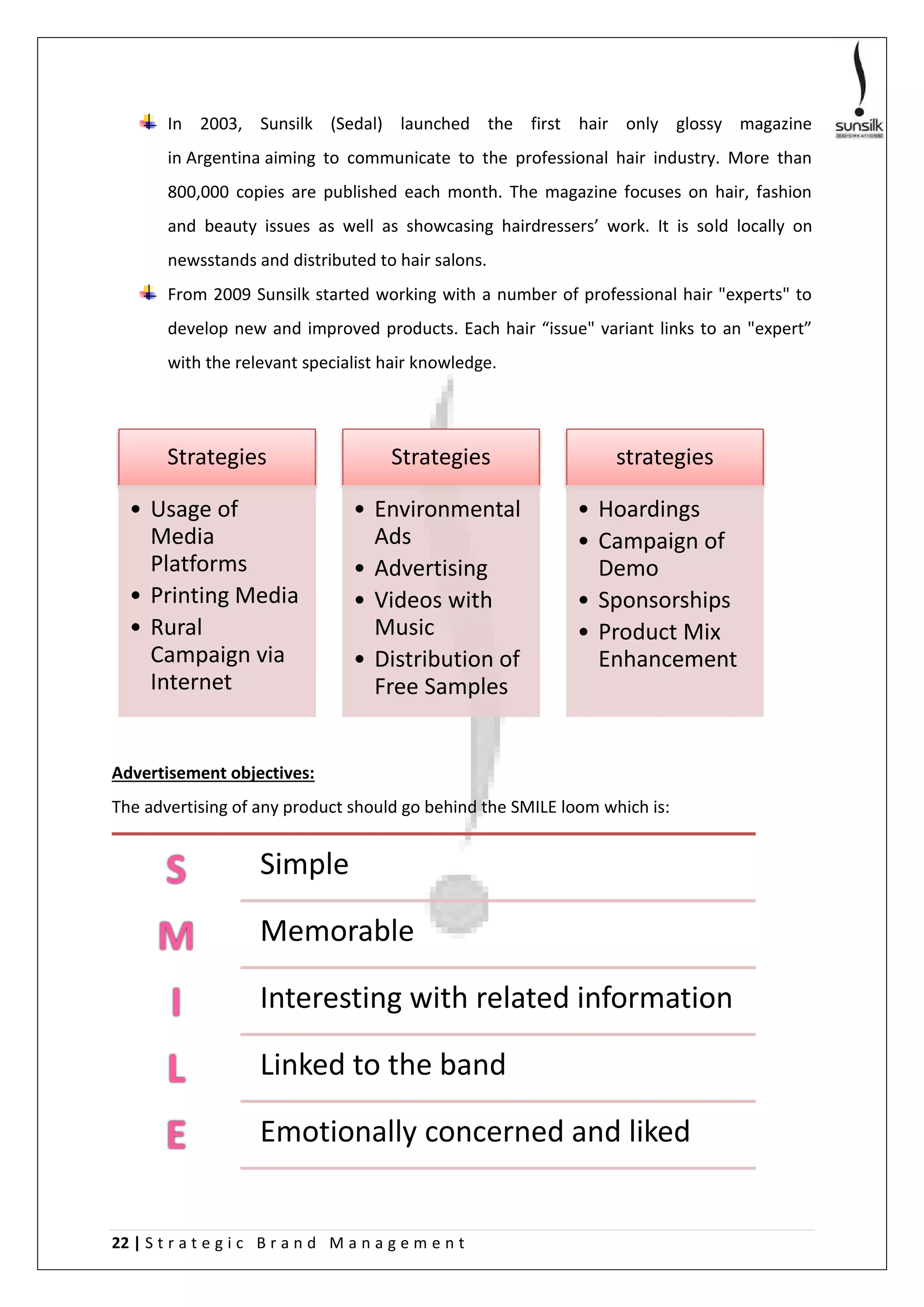 22 | S t r a t e g i c B r a n d M a n a g e m e n t
In 2003, Sunsilk (Sedal) launched the first hair only glossy magazine
in Argentina aiming to communicate to the professional hair industry. More than
800,000 copies are published each month. The magazine focuses on hair, fashion
and beauty issues as well as showcasing hairdressers’ work. It is sold locally on
newsstands and distributed to hair salons.
From 2009 Sunsilk started working with a number of professional hair "experts" to
develop new and improved products. Each hair “issue" variant links to an "expert”
with the relevant specialist hair knowledge.
Advertisement objectives:
The advertising of any product should go behind the SMILE loom which is:
Strategies
• Usage of
Media
Platforms
• Printing Media
• Rural
Campaign via
Internet
Strategies
• Environmental
Ads
• Advertising
• Videos with
Music
• Distribution of
Free Samples
strategies
• Hoardings
• Campaign of
Demo
• Sponsorships
• Product Mix
Enhancement
S
M
I
L
E
Simple
Memorable
Interesting with related information
Linked to the band
Emotionally concerned and liked
 