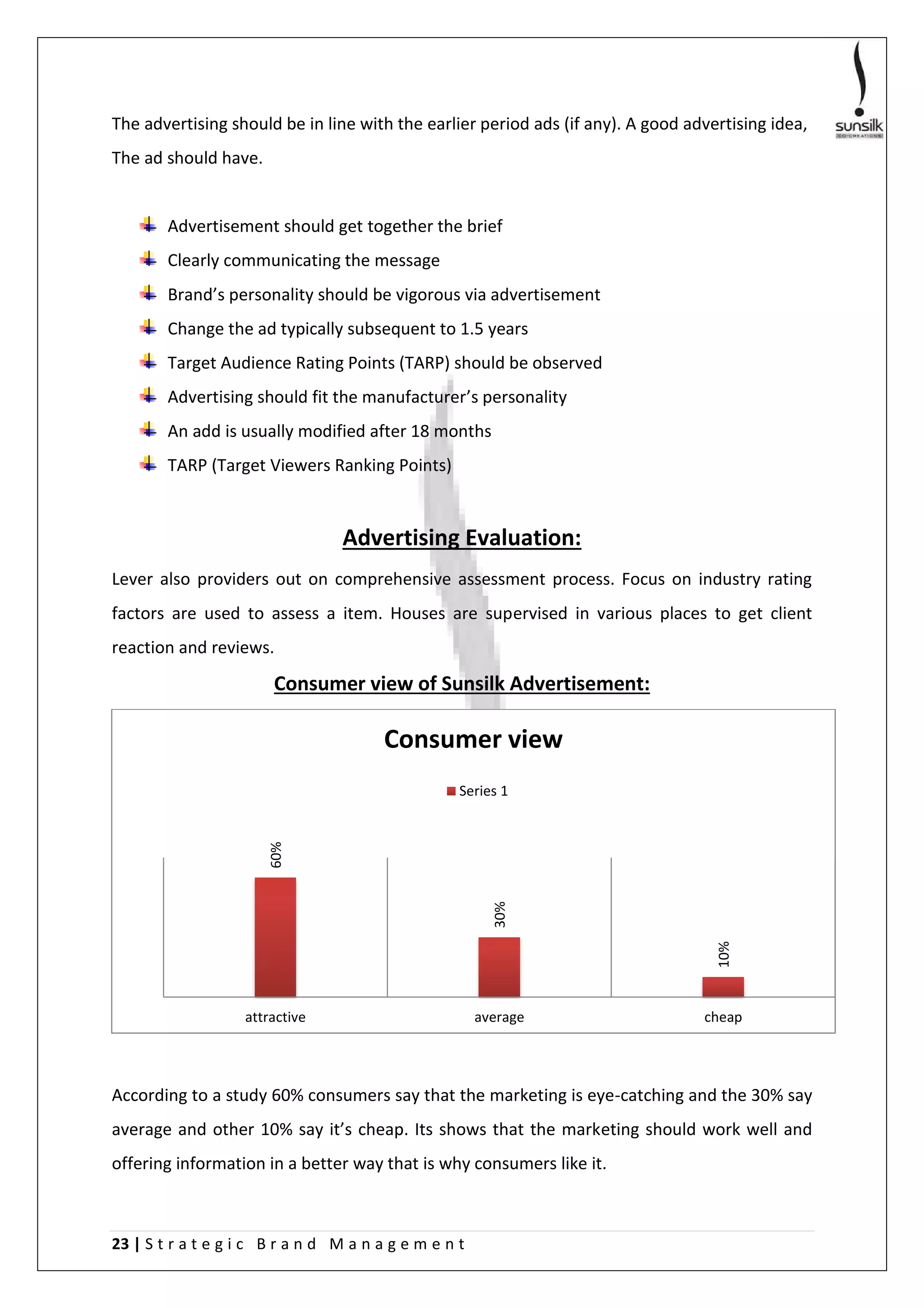 23 | S t r a t e g i c B r a n d M a n a g e m e n t
The advertising should be in line with the earlier period ads (if any). A good advertising idea,
The ad should have.
Advertisement should get together the brief
Clearly communicating the message
Brand’s personality should be vigorous via advertisement
Change the ad typically subsequent to 1.5 years
Target Audience Rating Points (TARP) should be observed
Advertising should fit the manufacturer’s personality
An add is usually modified after 18 months
TARP (Target Viewers Ranking Points)
Advertising Evaluation:
Lever also providers out on comprehensive assessment process. Focus on industry rating
factors are used to assess a item. Houses are supervised in various places to get client
reaction and reviews.
Consumer view of Sunsilk Advertisement:
According to a study 60% consumers say that the marketing is eye-catching and the 30% say
average and other 10% say it’s cheap. Its shows that the marketing should work well and
offering information in a better way that is why consumers like it.
60%
30%
10%
attractive average cheap
Consumer view
Series 1
 