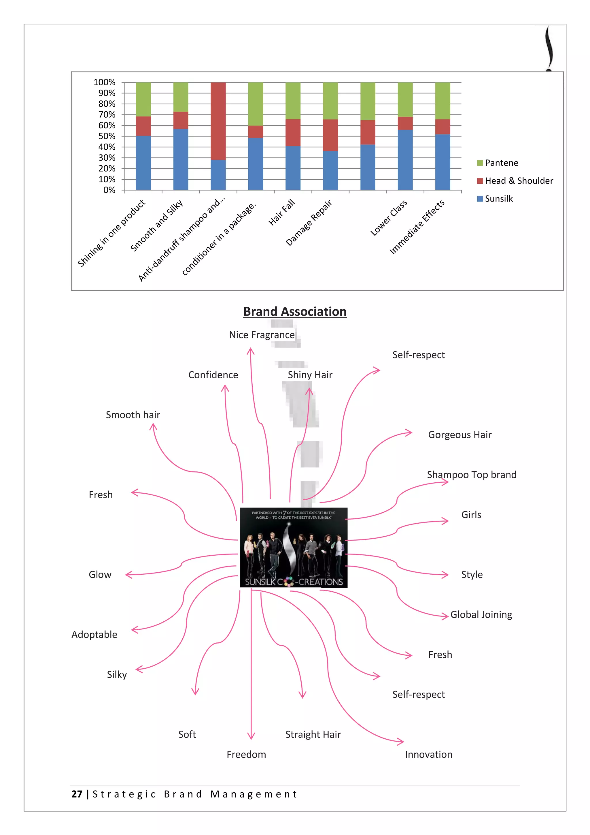 27 | S t r a t e g i c B r a n d M a n a g e m e n t
Brand Association
Nice Fragrance
Self-respect
Confidence Shiny Hair
Smooth hair
Gorgeous Hair
Shampoo Top brand
Fresh
Girls
Glow Style
Global Joining
Adoptable
Fresh
Silky
Self-respect
Soft Straight Hair
Freedom Innovation
0%
10%
20%
30%
40%
50%
60%
70%
80%
90%
100%
Pantene
Head & Shoulder
Sunsilk
 