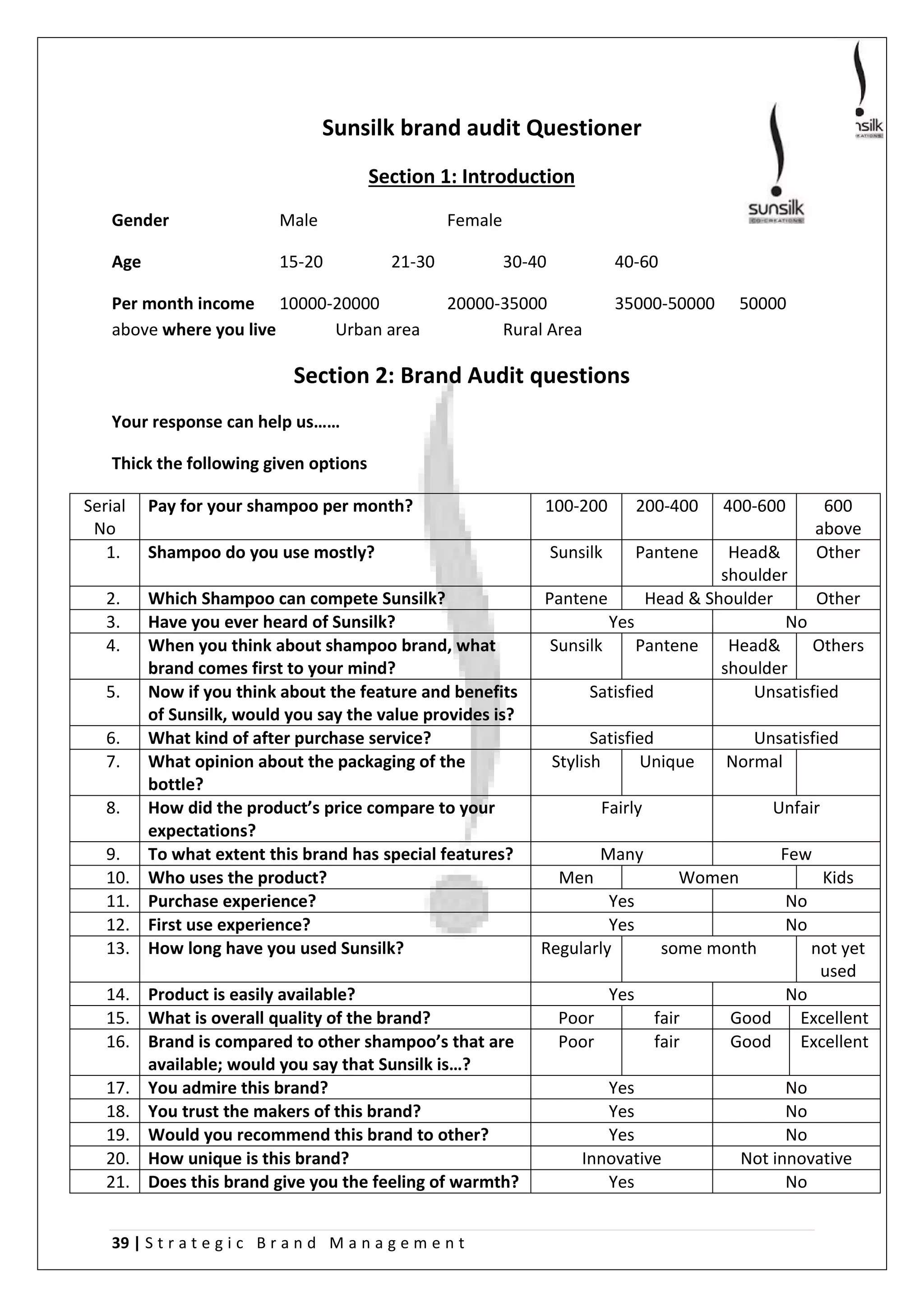39 | S t r a t e g i c B r a n d M a n a g e m e n t
Sunsilk brand audit Questioner
Section 1: Introduction
Gender Male Female
Age 15-20 21-30 30-40 40-60
Per month income 10000-20000 20000-35000 35000-50000 50000
above where you live Urban area Rural Area
Section 2: Brand Audit questions
Your response can help us……
Thick the following given options
Serial
No
Pay for your shampoo per month? 100-200 200-400 400-600 600
above
1. Shampoo do you use mostly? Sunsilk Pantene Head&
shoulder
Other
2. Which Shampoo can compete Sunsilk? Pantene Head & Shoulder Other
3. Have you ever heard of Sunsilk? Yes No
4. When you think about shampoo brand, what
brand comes first to your mind?
Sunsilk Pantene Head&
shoulder
Others
5. Now if you think about the feature and benefits
of Sunsilk, would you say the value provides is?
Satisfied Unsatisfied
6. What kind of after purchase service? Satisfied Unsatisfied
7. What opinion about the packaging of the
bottle?
Stylish Unique Normal
8. How did the product’s price compare to your
expectations?
Fairly Unfair
9. To what extent this brand has special features? Many Few
10. Who uses the product? Men Women Kids
11. Purchase experience? Yes No
12. First use experience? Yes No
13. How long have you used Sunsilk? Regularly some month not yet
used
14. Product is easily available? Yes No
15. What is overall quality of the brand? Poor fair Good Excellent
16. Brand is compared to other shampoo’s that are
available; would you say that Sunsilk is…?
Poor fair Good Excellent
17. You admire this brand? Yes No
18. You trust the makers of this brand? Yes No
19. Would you recommend this brand to other? Yes No
20. How unique is this brand? Innovative Not innovative
21. Does this brand give you the feeling of warmth? Yes No
 