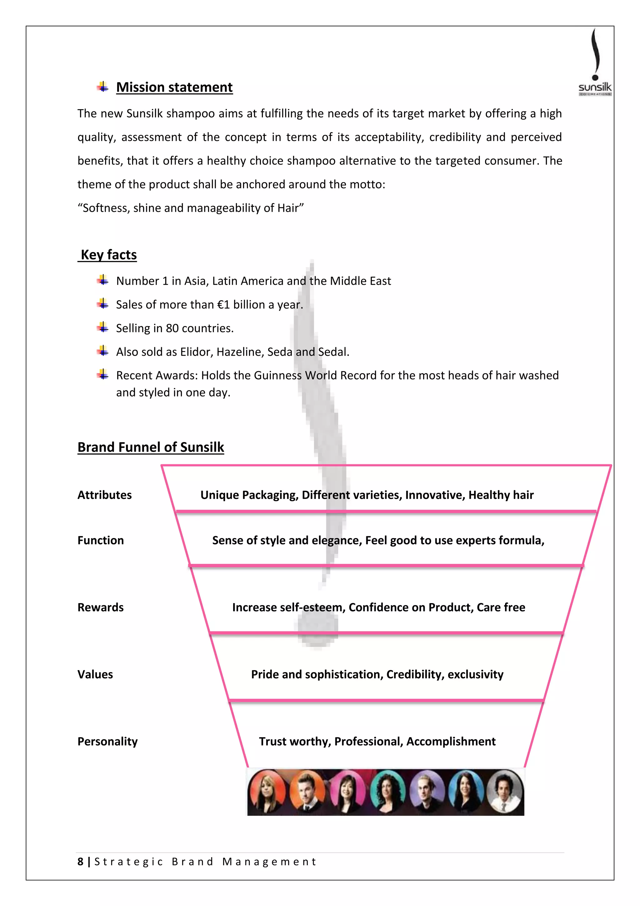 8 | S t r a t e g i c B r a n d M a n a g e m e n t
Mission statement
The new Sunsilk shampoo aims at fulfilling the needs of its target market by offering a high
quality, assessment of the concept in terms of its acceptability, credibility and perceived
benefits, that it offers a healthy choice shampoo alternative to the targeted consumer. The
theme of the product shall be anchored around the motto:
“Softness, shine and manageability of Hair”
Key facts
Number 1 in Asia, Latin America and the Middle East
Sales of more than €1 billion a year.
Selling in 80 countries.
Also sold as Elidor, Hazeline, Seda and Sedal.
Recent Awards: Holds the Guinness World Record for the most heads of hair washed
and styled in one day.
Brand Funnel of Sunsilk
Attributes Unique Packaging, Different varieties, Innovative, Healthy hair
Function Sense of style and elegance, Feel good to use experts formula,
Rewards Increase self-esteem, Confidence on Product, Care free
Values Pride and sophistication, Credibility, exclusivity
Personality Trust worthy, Professional, Accomplishment
 