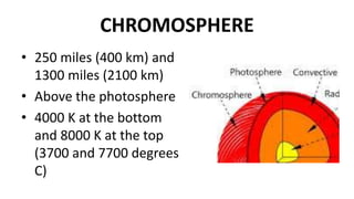 CHROMOSPHERE
• 250 miles (400 km) and
1300 miles (2100 km)
• Above the photosphere
• 4000 K at the bottom
and 8000 K at the top
(3700 and 7700 degrees
C)
 