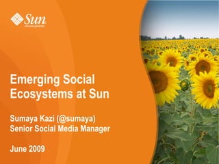 Emerging Social
Ecosystems at Sun
Sumaya Kazi (@sumaya)
Senior Social Media Manager

June 2009
 