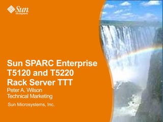 Sun SPARC Enterprise
T5120 and T5220
Rack Server TTT
Peter A. Wilson
Technical Marketing
Sun Microsystems, Inc.


                         1
 