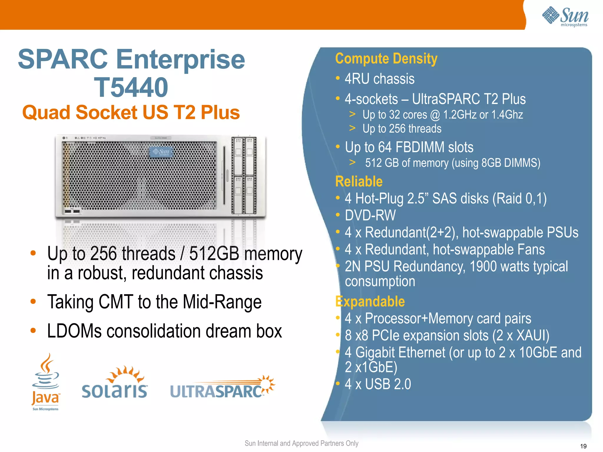SPARC Enterprise                                          Compute Density
                                                          • 4RU chassis
    T5440                                                 • 4-sockets – UltraSPARC T2 Plus
Quad Socket US T2 Plus                                         > Up to 32 cores @ 1.2GHz or 1.4Ghz
                                                               > Up to 256 threads
                                                          • Up to 64 FBDIMM slots
                                                               > 512 GB of memory (using 8GB DIMMS)
                                                          Reliable
                                                          • 4 Hot-Plug 2.5” SAS disks (Raid 0,1)
                                                          • DVD-RW
                                                          • 4 x Redundant(2+2), hot-swappable PSUs
●
    Up to 256 threads / 512GB memory                      • 4 x Redundant, hot-swappable Fans
                                                          • 2N PSU Redundancy, 1900 watts typical
    in a robust, redundant chassis                          consumption
●
    Taking CMT to the Mid-Range                           Expandable
                                                          • 4 x Processor+Memory card pairs
●
    LDOMs consolidation dream box                         • 8 x8 PCIe expansion slots (2 x XAUI)
                                                          • 4 Gigabit Ethernet (or up to 2 x 10GbE and
                                                            2 x1GbE)
                                                          • 4 x USB 2.0


                            Sun Internal and Approved Partners Only                                   19
 