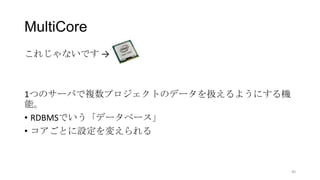 MultiCore
40
これじゃないです →
1つのサーバで複数プロジェクトのデータを扱えるようにする機
能。
• RDBMSでいう「データベース」
• コアごとに設定を変えられる
 