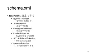 schema.xml
• tokenizerを設定できる
• KeywordTokenizer
• 文字列を分割しない
• LetterTokenizer
• 非文字で分割
• WhitespaceTokenizer
• 空白文字で分割
• StandardTokenizer
• UAX#29に従って分割
• UAX29URLEmailTokenizer
• URLやemailを認識
• JapaneseTokenizer
• 日本語を分かち書き
48
 
