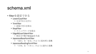 schema.xml
• filterを設定できる
• LowerCaseFilter
• 大文字を小文字に
• TrimFilter
• 前後の空白を除去
• StopFilter
• ストップワードを除去
• EdgeNGramTokenFilter
• 指定文字数のN-Gramを生成
• JapaneseBaseFormFilter
• 「走れ」を「走る」のように基本形に変換
• JapaneseReadingFormFilter
• 「日本」を「ニホン」のように読みに変換
49
 