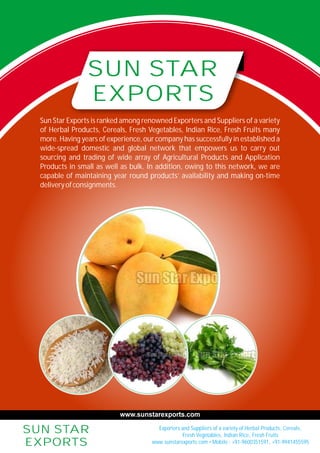 Sun Star Exports is ranked among renowned Exporters and Suppliers of a variety
of Herbal Products, Cereals, Fresh Vegetables, Indian Rice, Fresh Fruits many
more. Having years of experience, our company has successfully in established a
wide-spread domestic and global network that empowers us to carry out
sourcing and trading of wide array of Agricultural Products and Application
Products in small as well as bulk. In addition, owing to this network, we are
capable of maintaining year round products’ availability and making on-time
deliveryofconsignments.
SUN STAR
EXPORTS
Exporters and Suppliers of a variety of Herbal Products, Cereals,
Fresh Vegetables, Indian Rice, Fresh Fruits
www.sunstarexports.com • Mobile : +91-9600351591, +91-9941455595
www.sunstarexports.com
SUN STAR
EXPORTS
 