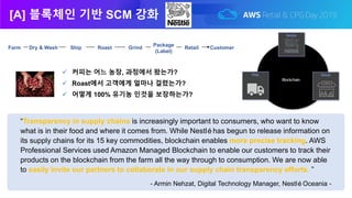 [A] 블록체인 기반 SCM 강화
“Transparency in supply chains is increasingly important to consumers, who want to know
what is in their food and where it comes from. While Nestléhas begun to release information on
its supply chains for its 15 key commodities, blockchain enables more precise tracking. AWS
Professional Services used Amazon Managed Blockchain to enable our customers to track their
products on the blockchain from the farm all the way through to consumption. We are now able
to easily invite our partners to collaborate in our supply chain transparency efforts. ”
- Armin Nehzat, Digital Technology Manager, NestléOceania -
 커피는 어느 농장, 과정에서 왔는가?
 Roast에서 고객에게 얼마나 걸렸는가?
 어떻게 100% 유기농 인것을 보장하는가?
Farm Dry & Wash Ship Roast Grind
Package
(Label)
Retail Customer
 
