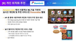 [B] 개인 최적화 추천
 높은 퀄리티의 개인화 추천 서비스 제공
 고객 개인별 상황과 조건을 적용한 맞춤형 정보
- 메시지 발송 시점 (예: 저녁식사 시간 전)
- 고객 맞춤형 프로모션 (나홀로 족, 4인 가족 등)
 높은 확장성
 API 를 통해 사용자에게 개인화 기반의 추천 결과 생성
 최신 Deep Learning 알고리즘 및 다양한 개인화 기술 적용
 개인화 추천의 전체 과정을 자동화
 추천 결과 실시간 분석
Amazon.com 에서 사용하는 ML기술 기반의
실시간 개인화 및 추천 서비스인 Personalize 활용
 