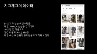 지그재그의 데이터
3400개가 넘는 여성쇼핑몰
매일 10,000+ 신상품 업데이트
1600만 앱 다운로드
월간 이용자(MAU) 250만
매일 수십GB단위의 유저활동로그 적제 & 정제
 