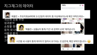 지그재그의 데이터
개인화 상품 추천
성과분석
쇼핑몰 랭킹, 상품 인기도 관리
유저 모니터링, 이상감지 기능
사용성 분석
결제 퍼널 분석
그외 각종 데이터 관련 업무
 