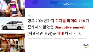 향후 2021년까지 디지털 리더의 75%가
존재하지 않았던 Disruptive market
(파괴적인 시장)을 지배 하게 된다.
Gartner, Predicts 2018: Digital Disruption – Predicting the Fundamental Shifts, 21 December 2017
 