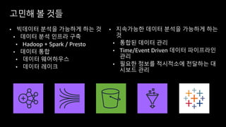 고민해 볼 것들
• 빅데이터 분석을 가능하게 하는 것
• 데이터 분석 인프라 구축
• Hadoop + Spark / Presto
• 데이터 통합
• 데이터 웨어하우스
• 데이터 레이크
• 지속가능한 데이터 분석을 가능하게 하는
것
• 통합된 데이터 관리
• Time/Event Driven 데이터 파이프라인
관리
• 필요한 정보를 적시적소에 전달하는 대
시보드 관리
 