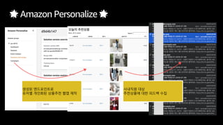 🌟 Amazon Personalize 🌟
생성된 엔드포인트로
유저별 개인화된 상품추천 웹앱 제작
사내직원 대상
추천상품에 대한 피드백 수집
 