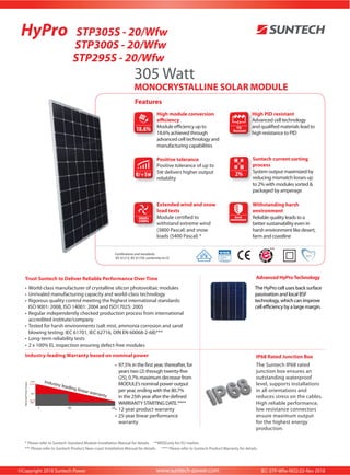 305 Watt
MONOCRYSTALLINE SOLAR MODULE
Features
18.6%
0/+5W
3800Pa
5400Pa
Extended wind and snow
load tests
Module certified to
withstand extreme wind
(3800 Pascal) and snow
loads (5400 Pascal) *
High module conversion
efficiency
Module efficiency up to
18.6% achieved through
advanced cell technology and
manufacturing capabilities
Positive tolerance
Positive tolerance of up to
5W delivers higher output
reliablity
2%
Suntech current sorting
process
System output maximized by
reducing mismatch losses up
to 2% with modules sorted &
packaged by amperage
PID
Resistant
High PID resistant
Advanced cell technology
and qualified materials lead to
high resistance to PID
* Please refer to Suntech Standard Module Installation Manual for details. **WEEEonly for EU market.
*** Please refer to Suntech Product Near-coast Installation Manual for details. **** Please refer to Suntech Product Warranty for details.
•	World-class manufacturer of crystalline silicon photovoltaic modules
•	Unrivaled manufacturing capacity and world-class technology
•	Rigorous quality control meeting the highest international standards:
ISO 9001: 2008, ISO 14001: 2004 and ISO17025: 2005
•	Regular independently checked production process from international
accredited institute/company
•	Tested for harsh environments (salt mist, ammonia corrosion and sand
blowing testing: IEC 61701, IEC 62716, DIN EN 60068-2-68)***
•	Long-term reliability tests
•	2 x 100% EL inspection ensuring defect-free modules
Trust Suntech to Deliver Reliable Performance Over Time
IP68 Rated Junction Box
Advanced HyProTechnology
The Suntech IP68 rated
junction box ensures an
outstanding waterproof
level, supports installations
in all orientations and
reduces stress on the cables.
High reliable performance,
low resistance connectors
ensure maximum output
for the highest energy
production.
HyPro STP305S - 20/Wfw
STP300S - 20/Wfw
STP295S - 20/Wfw
**
Certifications and standards:
IEC 61215, IEC 61730, conformity to CE
Withstanding harsh
environment
Reliable quality leads to a
better sustainability even in
harsh environment like desert,
farm and coastline
•	97.5% in the first year, thereafter, for
years two (2) through twenty-five
(25), 0.7% maximum decrease from
MODULE’s nominal power output
per year, ending with the 80.7%
in the 25th year after the defined
WARRANTY STARTING DATE.****
•	12-year product warranty
•	25-year linear performance
warranty
Industry-leading Warranty based on nominal power
Industry leading linear warranty
WarrantedPowerOutput
100%
10
97.5%
80%
25
90%
80.7%
1 10 25
www.suntech-power.com IEC-STP-Wfw-NO2.02-Rev 2018©Copyright 2018 Suntech Power
The HyPro cell uses back surface
passivation and local BSF
technology, which can improve
cell efficiency by a large margin.
 