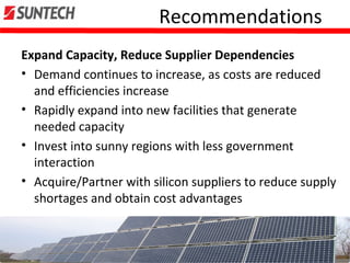 Recommendations
Expand Capacity, Reduce Supplier Dependencies
• Demand continues to increase, as costs are reduced
and efficiencies increase
• Rapidly expand into new facilities that generate
needed capacity
• Invest into sunny regions with less government
interaction
• Acquire/Partner with silicon suppliers to reduce supply
shortages and obtain cost advantages
 