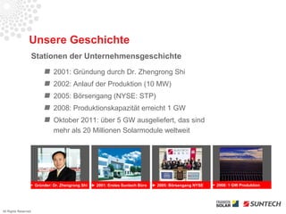 Unsere Geschichte
                      Stationen der Unternehmensgeschichte
                                 2001: Gründung durch Dr. Zhengrong Shi
                                 2002: Anlauf der Produktion (10 MW)
                                 2005: Börsengang (NYSE: STP)
                                 2008: Produktionskapazität erreicht 1 GW
                                 Oktober 2011: über 5 GW ausgeliefert, das sind
                                 mehr als 20 Millionen Solarmodule weltweit




                      ► Gründer: Dr. Zhengrong Shi   ► 2001: Erstes Suntech Büro   ► 2005: Börsengang NYSE   ► 2008: 1 GW Produktion




All Rights Reserved
 