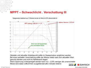 MPPT – Schwachlicht . Verschattung III




                      Globaler und aktueller Arbeitspunkt sollte im Sweepmodus verglichen werden
                      Bei einer partiellen Verschattung sollte der Modus relativ weit vom aktuellen Wert
                      gesucht werden und nicht im Nahbereich liegen.
                      Wenn Spannung runtergeregelt werden kann nur – 6,9% weniger als unverschattet
                      Modul wird dabei vollkommen ausgeblendet-alle 3 Dioden leitend
All Rights Reserved                                                                                    Source google photovoltaik
 