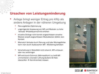 Ursachen von Leistungsminderung
                  Anlage bringt weniger Ertrag pro kWp als
                   andere Anlagen in der näheren Umgebung
                         Planungsfehler/Optimierung
                         ungenügende Anpassung von WR und Modulen zu hohe
                          Verluste Kabelquerrschnitt erhöhen
                         einzelne Stränge nicht korrekt angeschlossen einzelne
                          Module verpolt angeschlossen Modulstecker defekt, kein
                          Kontakt
                         Mismatch Verluste durch Planung und/oder Montagefehler
                          kann man durch Austauschen WR –Multistring beheben

                         Verschattung im Modulfeld nicht erkannt, WR umbauen
                          oder neu verstringen
                         WR wird durch Schmutz (Wärmeabfuhr!) zu heiß WR
                          ummontieren und/oder Lüftung säubere AC Netz
                          überprüfen  Kennlinientest messen




All Rights Reserved                                                                Source Iliou
 