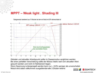 MPPT – Weak light . Shading III




                      Globaler und aktueller Arbeitspunkt sollte im Sweepmodus verglichen werden
                      Bei einer partiellen Verschattung sollte der Modus relativ weit vom aktuellen Wert
                      gesucht werden und nicht im Nahbereich liegen.
                      Wenn Spannung runtergeregelt werden kann nur – 6,9% weniger als unverschattet
                      Modul wird dabei vollkommen ausgeblendet-alle 3 Dioden leitend
All Rights Reserved                                                                                        Source google photovoltaik
 