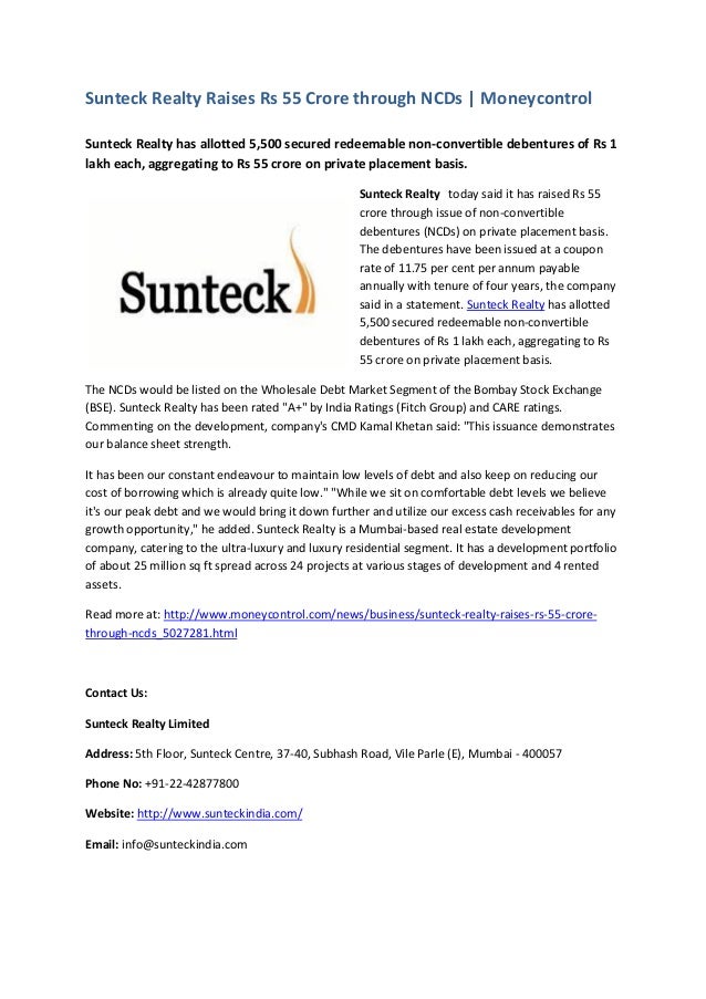 Sunteck Realty Raises Rs 55 Crore Through Ncds Moneycontrol - 